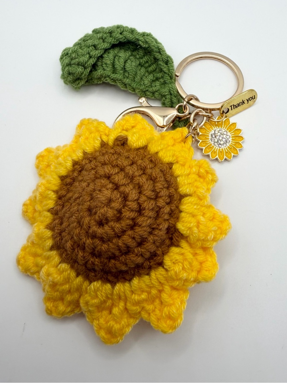 Handmade Crochet Sunflower with Leaf Keychain Charm NWT